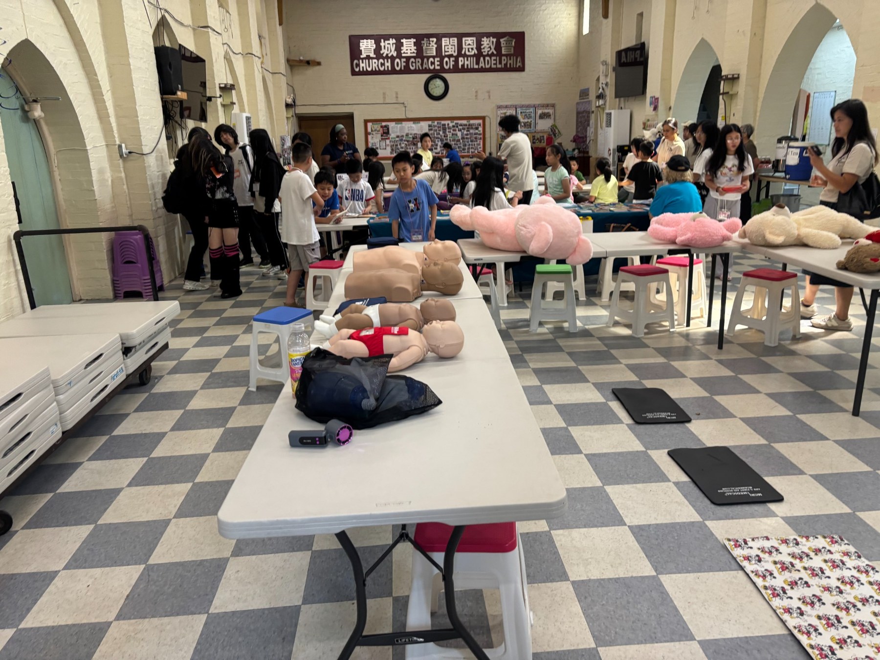 Community preparedness training setup with CPR manikins